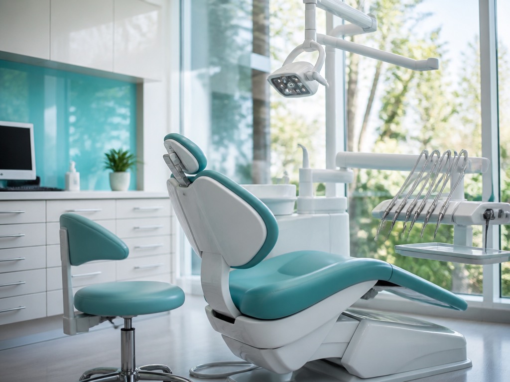 Modern teal dental treatment room with a comfortable dental chair at Dentist Clinic